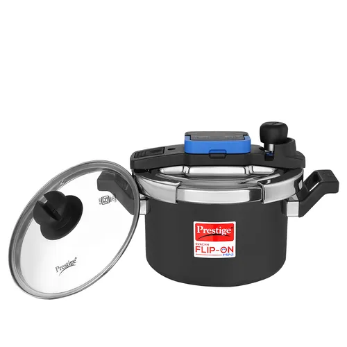 Prestige Svachh Flip-on Mini Hard Anodised Spillage Control Pressure Cooker with Glass Lid, 3 Litre (Black)